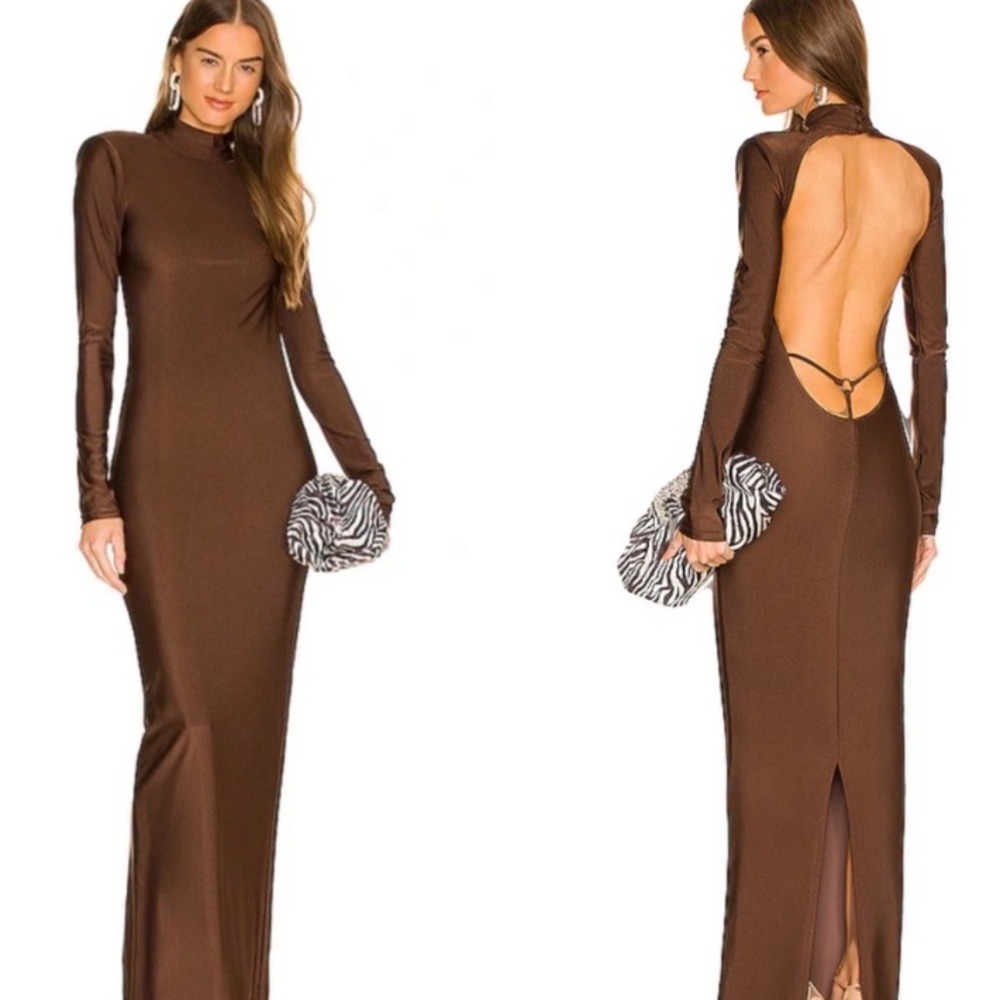 Michael Costello Chocolate Brown Long-Sleeve Open-Back Gown